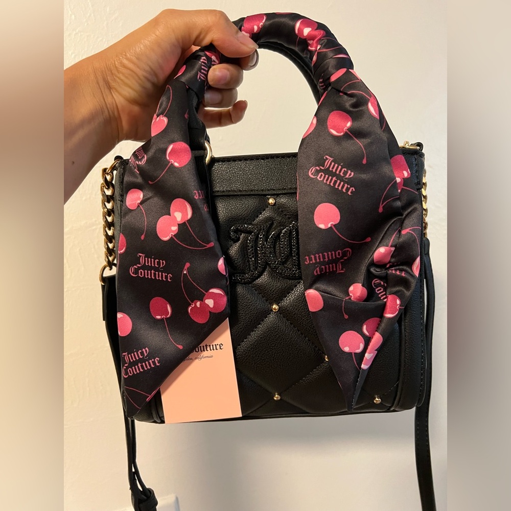 Juicy Couture Holding the Line Black and Pink Mini Bag with Cherry 🍒 Scarf